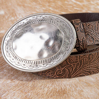Brown embossed vegan leather western belt with silver hammered oval buckle