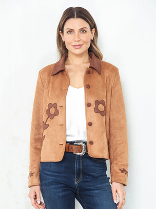 Tan faux suede western jacket with brown floral appliqué and button front