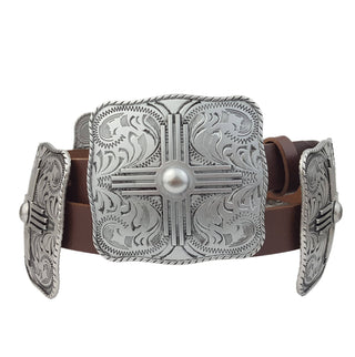 Brown leather concho belt with large silver engraved western buckle-sized conchos