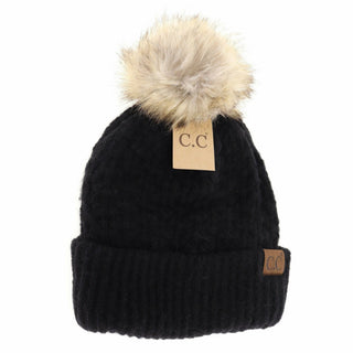 Black smocked knit C.C beanie with cream faux fur pom pom and cuffed brim