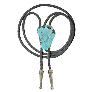 Turquoise gemstone bolo tie with gray braided leather cord and silver metal tips