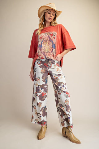 The Floral Cow Print Washed Stretch Twill Pants