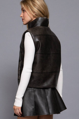 Dark brown wash effect faux leather puffer vest with high collar, back view