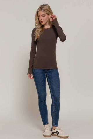 Women's dark brown long sleeve crew neck fitted cotton jersey top