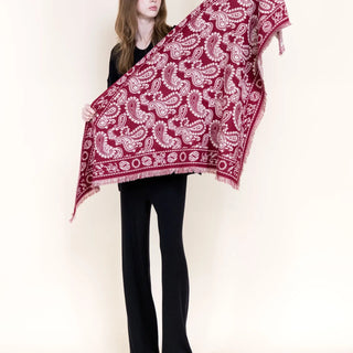 Burgundy white paisley triangular scarf with fringe edges, displayed open