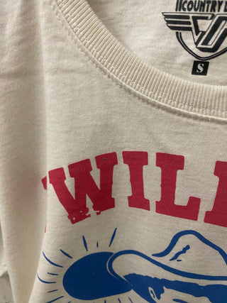 White cropped t-shirt with red WILLIE text and blue graphic print, size small