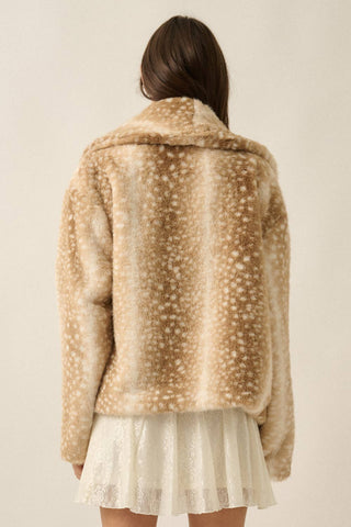 Beige faux fur jacket with white deer-spot print, shawl collar, back view