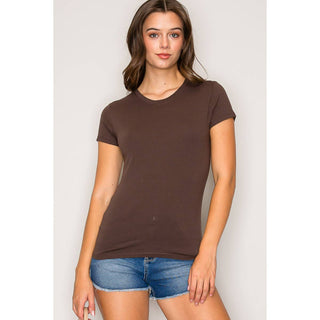 Women's chocolate brown crew neck short sleeve fitted basic knit t-shirt