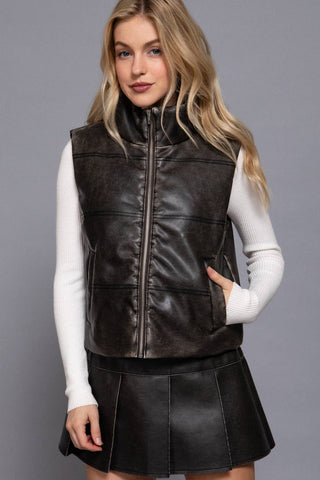 Dark brown wash effect faux leather puffer vest with front zipper and mock neck