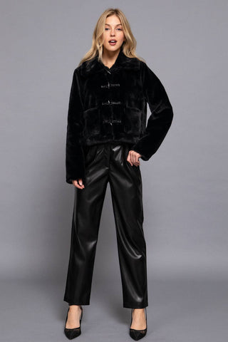 Black faux fur cropped duffle jacket with toggle buttons and wide collar