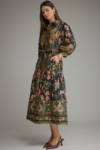 Entro black floral paisley midi shirt dress with long sleeves and tie waist