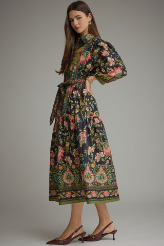 Entro black floral midi shirtdress with puff sleeves, tie waist, and tiered skirt