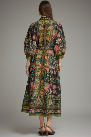 Entro black floral paisley midi dress with puff sleeves and open back