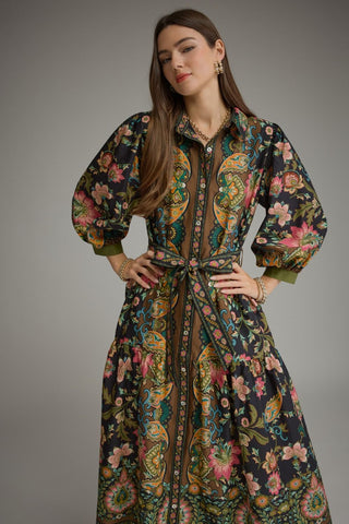 Entro black floral paisley maxi shirtdress with puff sleeves and tie waist