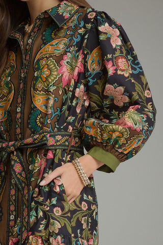 Entro black floral paisley print shirt dress with balloon sleeves and tie waist