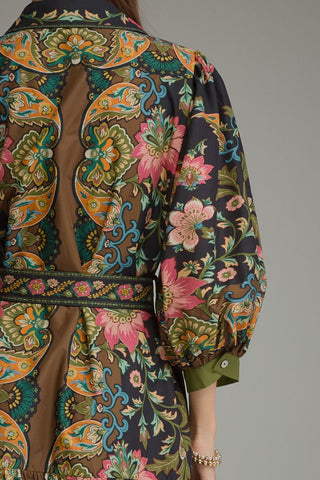 Entro black mixed floral paisley print belted shirt dress with puff sleeves