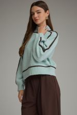 Entro light blue ribbed knit sweater with dark contrast trim detailing