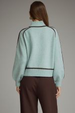 Entro light blue knit turtleneck sweater with dark brown trim detailing, back view