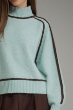 Entro light blue mock neck sweater with brown contrast piping trim