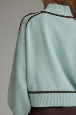 Entro light blue knit sweater with brown contrast trim and mock neck