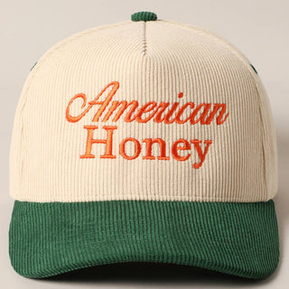Cream and green corduroy baseball cap with orange American Honey embroidery