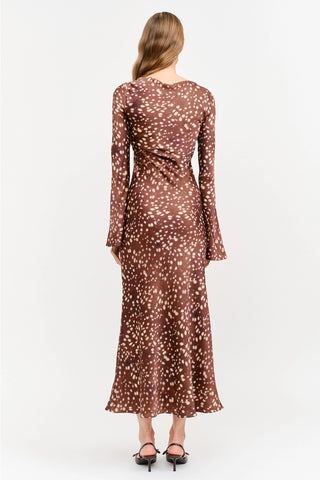 Brown deer print long sleeve midi dress with ruched back and flared hem