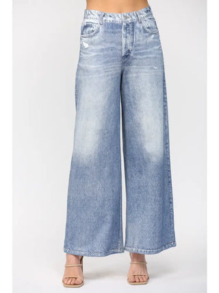 The Washed Denim Print Wide Leg French Terry Pants