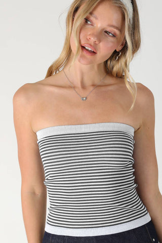 Black and white striped seamless bandeau tube top with ribbed trim