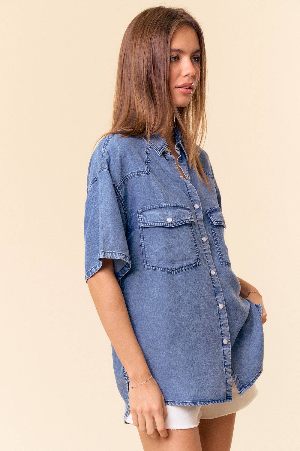 The Amanda Tencel Denim Pearl Snap Shirt in Light or Dark Denim