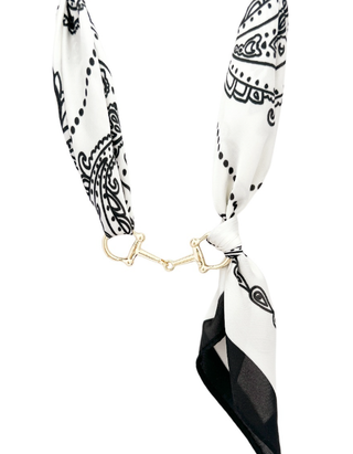 White black paisley silky scarf necklace with gold horse bit clasp