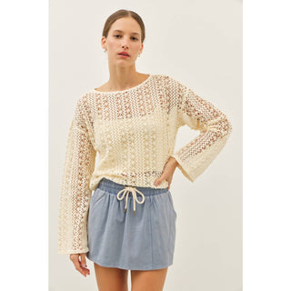 The Ruthie Sheer Floral Crochet Top with Bell Sleeves