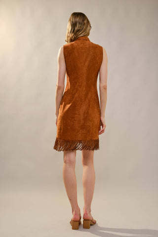Cognac brown suede sleeveless mini dress with fringe hem, back view