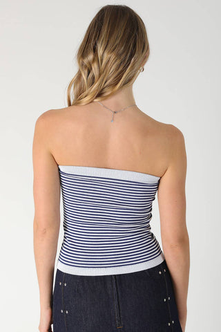 Navy and white striped seamless bandeau tube top, ribbed knit fabric, back view