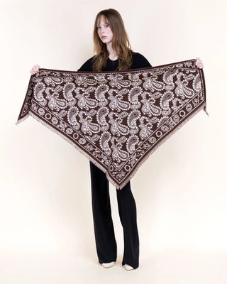 Brown triangular paisley scarf with white pattern and fringe edges