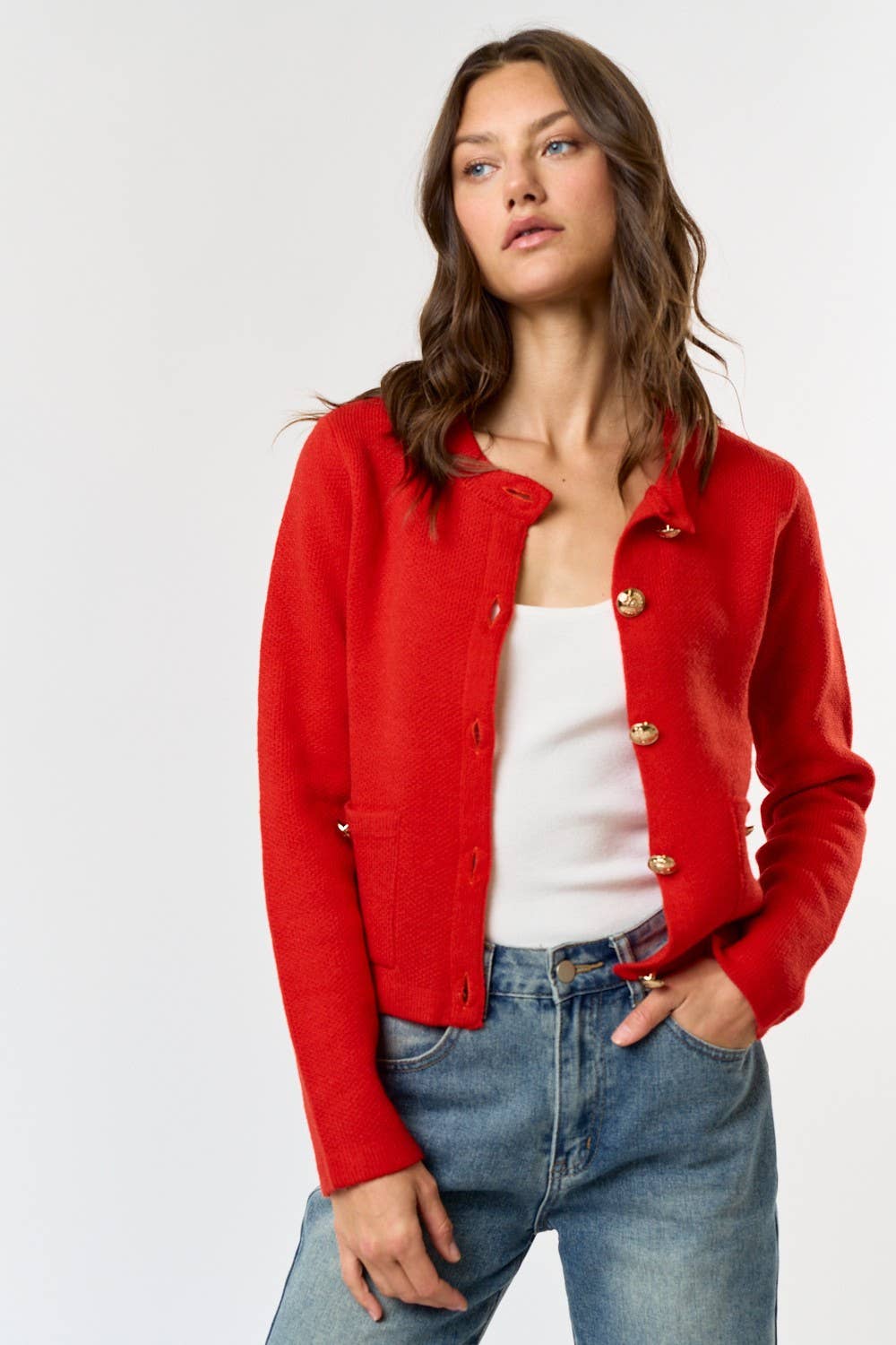 The Lila Button Front Sweater Cardigan in Red