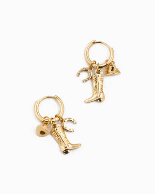 Sessori gold hoop earrings with cowboy boot, horseshoe, and heart charms