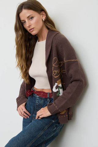 Brown knit cardigan with howdy cowboy jacquard and shawl collar detail