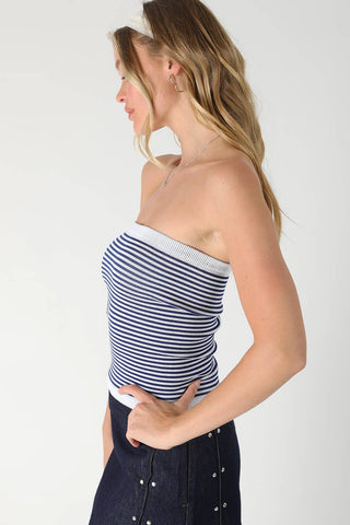 Navy and white striped seamless bandeau tube top with ribbed texture