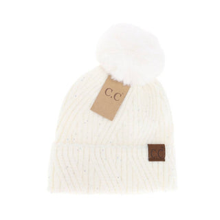 White cable knit C.C beanie with sequin details and faux fur pom pom