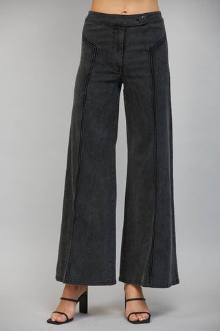 Wide-leg high waisted flare pants with front seam detailing and button closure, worn with strappy heels