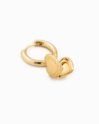 Gold huggie hoop earring with open heart locket charm, engraved western detail