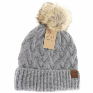 Gray cable knit beanie with faux fur pom and ribbed cuff, C.C brand