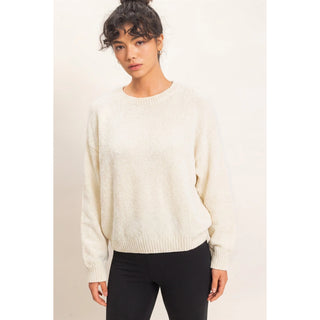 Hyfve cream chenille crew neck sweater with ribbed cuffs and hem, worn with black pants