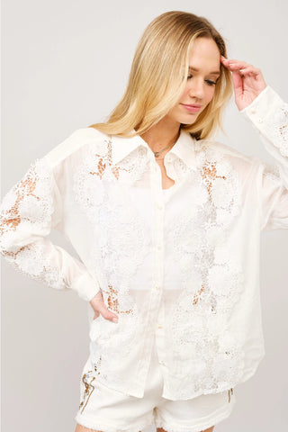 Off white long sleeve button-up blouse with floral crochet lace panels