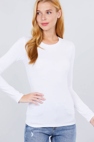 Women's white long sleeve crew neck fitted cotton spandex jersey top