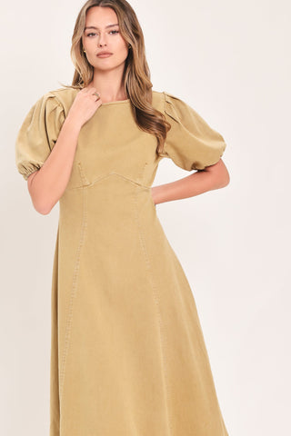 Model wearing a midi dress with short puff sleeves, round neckline, and A-line circle skirt