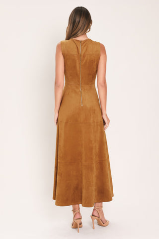 Back view of sleeveless faux suede midi dress with circle skirt and back zipper closure