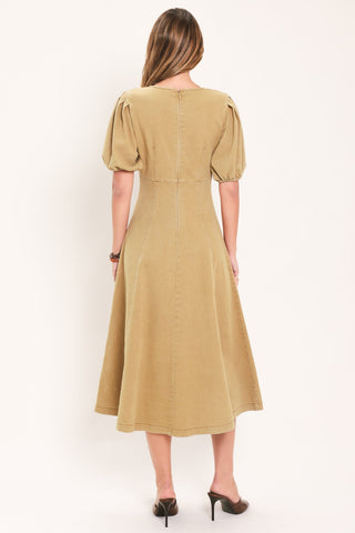 Back view of a midi dress with puff sleeves, circle skirt, and back zipper closure on model