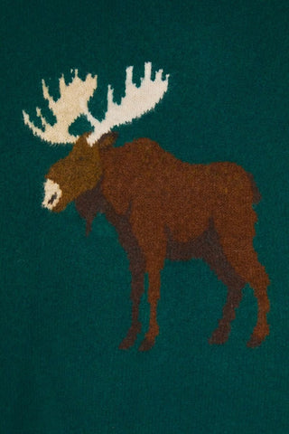 Hunter green oversized sweater with large brown moose and white antlers graphic