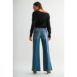 Back view of wide leg high-rise jeans with side stripe detail and elastic waistband